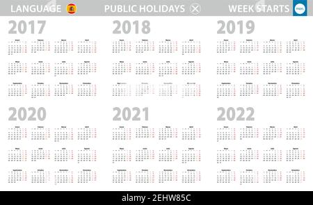 Calendrier en espagnol pour les années 2017, 2018, 2019, 2020, 2021, 2022. La semaine commence à partir du lundi. Calendrier vectoriel. Illustration de Vecteur