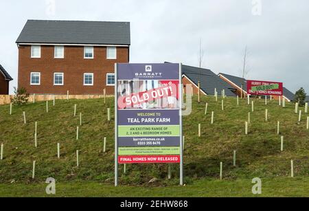 Un panneau de Barratt Homes indiquant qu'ils ont vendu toutes les maisons dans un nouveau développement à Teal Park Farm, Washington, au nord-est de l'Angleterre, au Royaume-Uni Banque D'Images