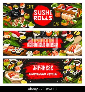 Bannières du bar à sushis japonais pour le menu du restaurant de cuisine nationale asiatique. Vector Japan plats traditionnels de sashimi roulés de fruits de mer, unagi maki o Illustration de Vecteur