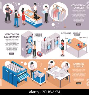 Banderoles horizontales pour le linge avec symboles de service de blanchisserie, isométriques isolées illustration vectorielle Illustration de Vecteur