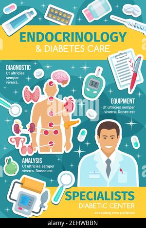 Endocrinologie médecine, médecin et clinique de diabète. Endocrinologue médecin, organes vecteurs du système endocrinien et traitement médical. Cœur, cerveau et Illustration de Vecteur
