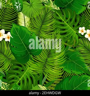 Motif feuilles et fleurs tropicales sans coutures. Arrière-plan vectoriel de fleurs de plumeria vert exotique, de la banane, de l'areca ou des feuilles de monstère et de la fougères, Illustration de Vecteur