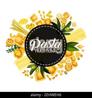 Le menu de pâtes italiennes est couvert, le restaurant italien de cuisine traditionnelle spaghetti, fettucine et raviolis. Tagliatelle de pâtes vectorielles, lasagnes ou linguine Illustration de Vecteur