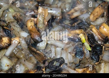 Les champignons sauvages et les oignons sont frits dans une poêle. Récolte d'automne. Gros plan, mise au point sélective, texture de surface. Banque D'Images