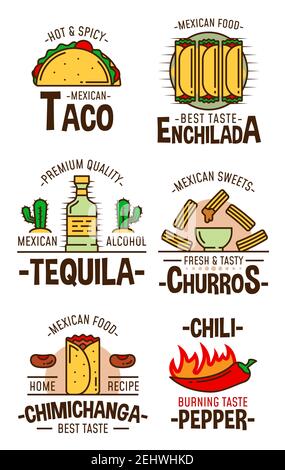 Icônes de la cuisine et des boissons mexicaines. Tacos de restauration rapide, enchilada et burrito chicanga frits, piment, churos de biscuit doux et bouteille d'alcool de tequila. Illustration de Vecteur