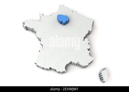 Carte de France montrant la région Ile de France. Rendu 3D
