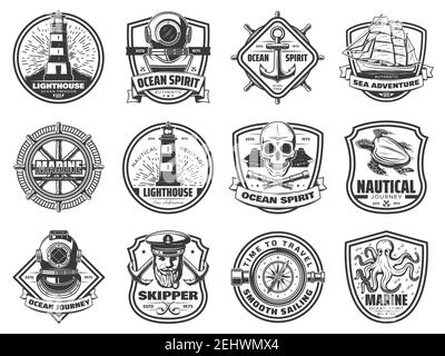 Badges nautiques avec ancrage, navire et barre. Bateau à voile vintage, corde et yacht, spyglass, boussole et volant, phare, capitaine et oc Illustration de Vecteur