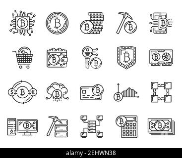 Icônes de crypto-monnaie avec pièce de monnaie crypto, portefeuille bitcoin et calculatrice de change, blockchain, clé d'extraction et de cryptage, argent numérique sécurisé tr Illustration de Vecteur