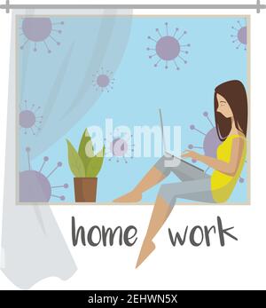 Une fille travaille à la maison assise sur le rebord de la fenêtre, à l'extérieur du coronavirus. Illustration vectorielle de l'espace de travail à domicile. Illustration de Vecteur