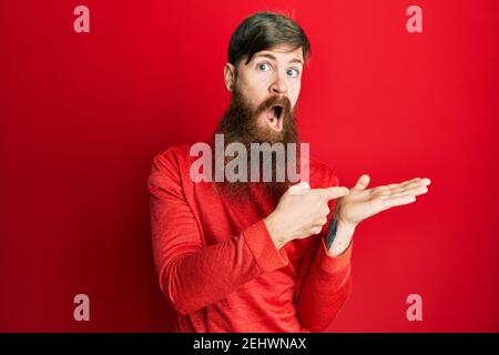 REDHEAD homme avec la longue barbe pointant paume ouverte avec le doigt dans le visage de choc, regardant sceptique et sarcastique, surpris par la bouche ouverte Banque D'Images