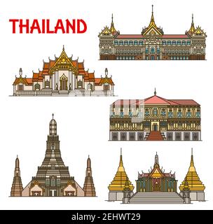 Voyage en Thaïlande avec l'architecture des icônes vectorielles de Bangkok. Grand Palais Royal et Villa Vimanmek, Wat Arun ou Temple de l'Aube, marbre Illustration de Vecteur
