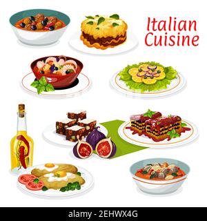 Cuisine italienne plats principaux de viande et de légumes, lasagnes au fromage et sauce tomate, ragoût d'olives de bœuf et salade de poulpes de fruits de mer. Vector turquie mil Illustration de Vecteur