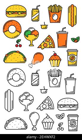 Banderoles de menu de livraison rapide pour pizzas italiennes, cuisine mexicaine ou repas barbecue et hamburgers. Dessin vectoriel de bière, frites ou tacos avec burrito et en Illustration de Vecteur