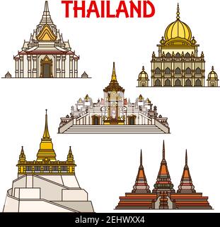 Monuments thaïlandais de voyage de Bangkok bâtiments symboles vectoriels. Lak mueang ou temple du pilier de la ville, temple sikh, temples bouddhistes Wat Pho avec Bouddha couché Illustration de Vecteur