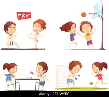 Design plat 2 x 2 pour le sport pour enfants avec jeux amusants pour les enfants tennis de table football basket-ball et engagé dans l'illustration de vecteur de karaté Illustration de Vecteur