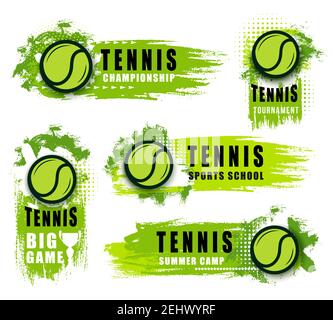 Icônes de vecteur de jeu de championnat ou de club de sport de tennis. Étiquettes et badges isolés de billes et de billes vertes volantes. Articles de sport sur le tournoi an Illustration de Vecteur