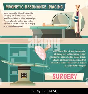 Vaincre cancer 2 orthogonal bannières informatives ensemble avec résonance magnétique imagerie chirurgie irm lettrage illustration de vecteur isolé Illustration de Vecteur