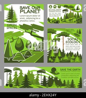 Affiches et bannières écologiques et de conservation de la nature pour l'environnement vert et la protection contre la pollution. Conception vectorielle d'arbres forestiers et de parcs pour le plati Illustration de Vecteur