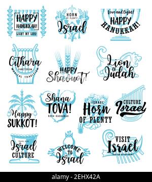 Les fêtes juives esquissés des lettres pour les célébrations religieuses citations de symboles traditionnels. Vector Happy Hanukkah ou Sukkot et Shavuot, Bienvenue à Isra Illustration de Vecteur