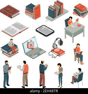 Ensemble de lecture de livres isométriques avec étagères pour casques de livres électroniques de livres papier lisant les gens dans différentes poses illustration vectorielle isolée Illustration de Vecteur