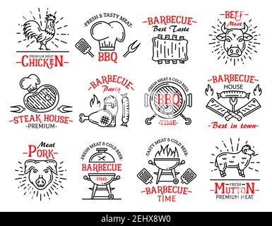 Icônes et panneaux de barbecue dans le style des arts de la ligne. Produits à base de viande poulet et bœuf, steak et saucisse, porc et mouton. Symboles de steak House pour barbecue, chapeau de bouchers Illustration de Vecteur