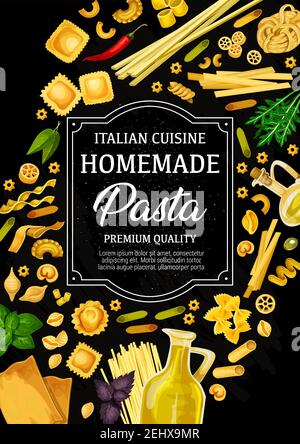 Affiche de pâtes italiennes, cuisine traditionnelle italienne. Tagliatelle vectoriel, spaghetti et fettuccine, penne et lasagnes avec assaisonnements. Ravioli an Illustration de Vecteur