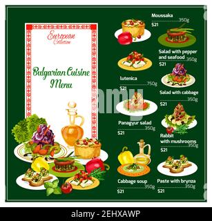 Menu de cuisine nationale bulgare. Moussaka et salade avec poivre et fruits de mer, létunica et panagyur, lapin avec champignons et soupe de chou, pâte W Illustration de Vecteur