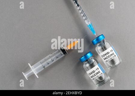 Vaccin coronavirus COVID-19. Flacons avec seringues isolés sur fond gris, composition conceptuelle avec espace de copie Banque D'Images