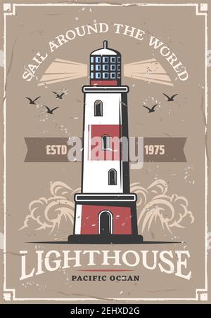 Phare et mouettes sur affiche rétro. Vecteur aventure nautique et mer ou mer voile et mer voyage grunge conception des vagues de l'océan avec navire navi Illustration de Vecteur