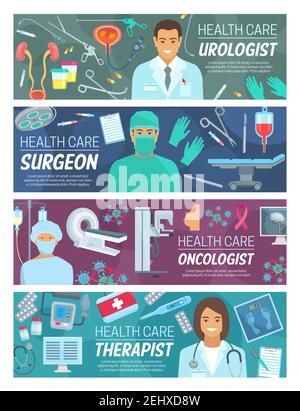 Médecins personnel médical bannières de médecine et de santé thème vecteur. Chirurgien, urologue, oncologue et médecin thérapeute personnel hospitalier avec Illustration de Vecteur