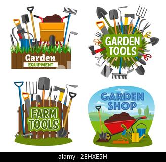 Outils et équipement de jardinage affiches isolées. Articles de jardin pelle, pelle, râteau et taille, truelle et fourchette, ciseaux, fourche. Brouette, c Illustration de Vecteur