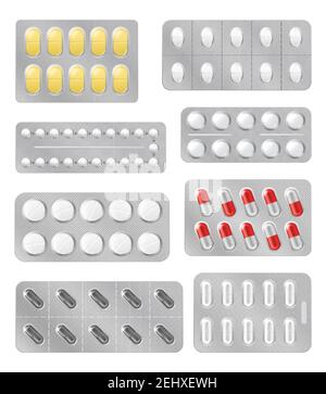 Pilules médicales dans les cloques, médicaments médicaments icônes et signes vecteur. Blister avec capsules, comprimé pour la maladie et l'emballage pour le traitement de la douleur. Antibiotique, Illustration de Vecteur