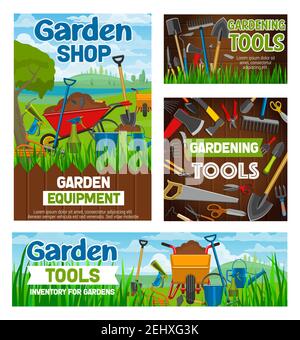 Atelier de jardinage et outils d'équipement agricole de jardinage. Bêche, râteau ou fourche et brouette, agronomie des jardiniers ou agriculture et plantation Illustration de Vecteur
