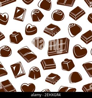 Sucreries au chocolat fond sans couture avec desserts sucrés. Truffes vectorielles et barres à la praline, au cacao et au caramel, aux noix, au lait et au sucre Illustration de Vecteur