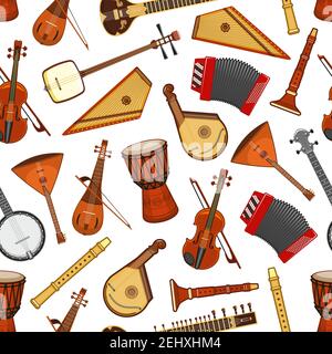 Fond de motif transparent pour instruments de musique. Violon vectoriel, tambour djembe et banjo, balalaika, accordéon et sitar, flûte, cithare, shamisen et bandu Illustration de Vecteur