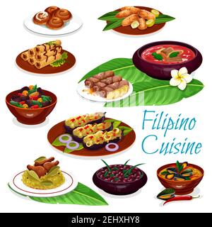 Cuisine philippine plats à base de viande et desserts pâtissiers. Adobo de riz au poulet vectoriel, ragoûts de porc et de haricots, roulades d'œufs de viande, soupe de bœuf, omelette d'aubergine et muse Illustration de Vecteur