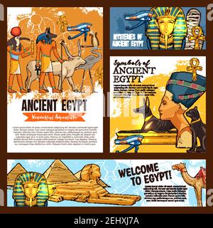 Bienvenue en Égypte, visites des sites historiques de la culture égyptienne antique et voyage aventure historique. Croquis vectoriel Pharaon momie, Sphinx ou Nefertiti et Cheops Illustration de Vecteur