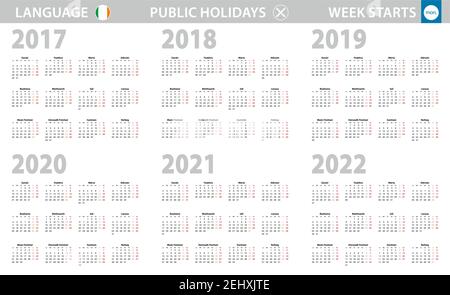 Calendrier en langue irlandaise pour les années 2017, 2018, 2019, 2020, 2021, 2022. La semaine commence à partir du lundi. Calendrier vectoriel. Illustration de Vecteur