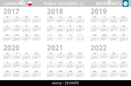 Calendrier en polonais pour les années 2017, 2018, 2019, 2020, 2021, 2022. La semaine commence à partir du lundi. Calendrier vectoriel. Illustration de Vecteur