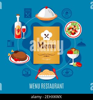 Menu du restaurant et divers plats sur fond bleu plat illustration vectorielle Illustration de Vecteur