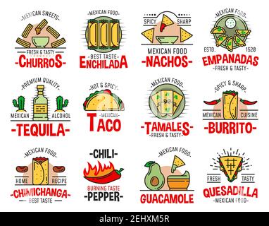 Icônes de la cuisine mexicaine avec burrito de restauration rapide, nachos et guacamole d'avocat. Tequila, sauce salsa au piment et quesadilla, sandwich au tacos, tortill au maïs Illustration de Vecteur