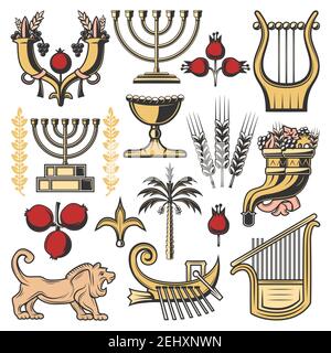Israël judaïsme religion et culture symboles. Vecteur menorah juive, lion de Jérusalem de Juda et cornucopia avec grenade, raisin et blé, date pal Illustration de Vecteur