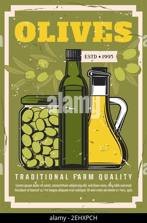 Huile d'olive en bouteilles et olives conservées en bocal. Assaisonnement vectoriel, condiment de cuisson extra vierge, produit de ferme biologique naturel scellé dans un récipient. Illustration de Vecteur