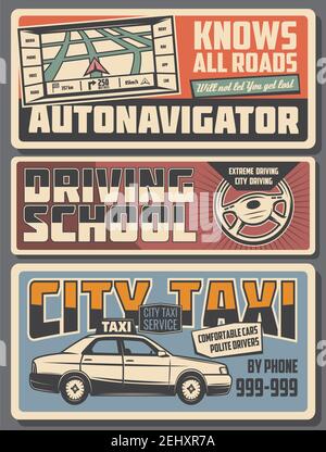 Itinéraire de transport GPS navigateur, école de conduite extrême ou service de taxi de ville. Affiches vintage de transport automobile Vector, industrie automobile Illustration de Vecteur