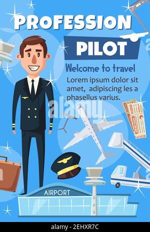 Pilote de l'aviation civile et transport aérien de passagers. CV de l'équipe pilote professionnelle Vector et du personnel de l'aéroport ou affiche du plan d'aviation de l'agence de recrutement Illustration de Vecteur