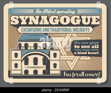 Visite de la culture juive et de la synagogue pour une excursion ou des vacances judaïques traditionnelles. Publicité vectorielle affiche rétro conception rétro de la synagogue bâtiment Illustration de Vecteur