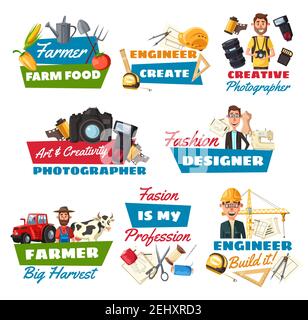 Professions vectorielles icônes d'agriculteur, d'ingénieur de construction et de photographe, de créateur de mode, de constructeur et de tailleur. Professions de la construction, Illustration de Vecteur