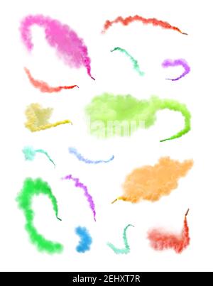 Fumée isolée sur fond blanc. Des bombes de fumée lors de manifestations ou de festivals. Éléments de fumée multicolores abstraits pour le design. Banque D'Images