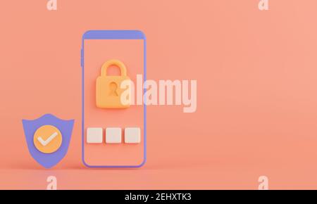 3d système de sécurité du concept de rendu dans le smartphone.Téléphone mobile avec écran de code et icône de protection. Banque D'Images