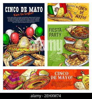 Fête mexicaine de Cinco de Mayo. Vector croquis affiches et bannières de Cinco de Mayo traditionnel tacos, nachos et guacamole avec Illustration de Vecteur